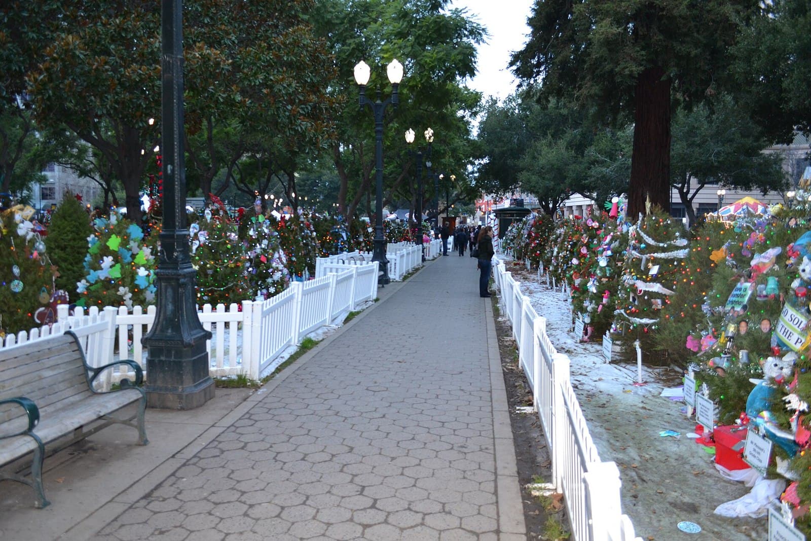 A past Christmas in the Park display in San Jose, with decorated trees along a fenced walkway