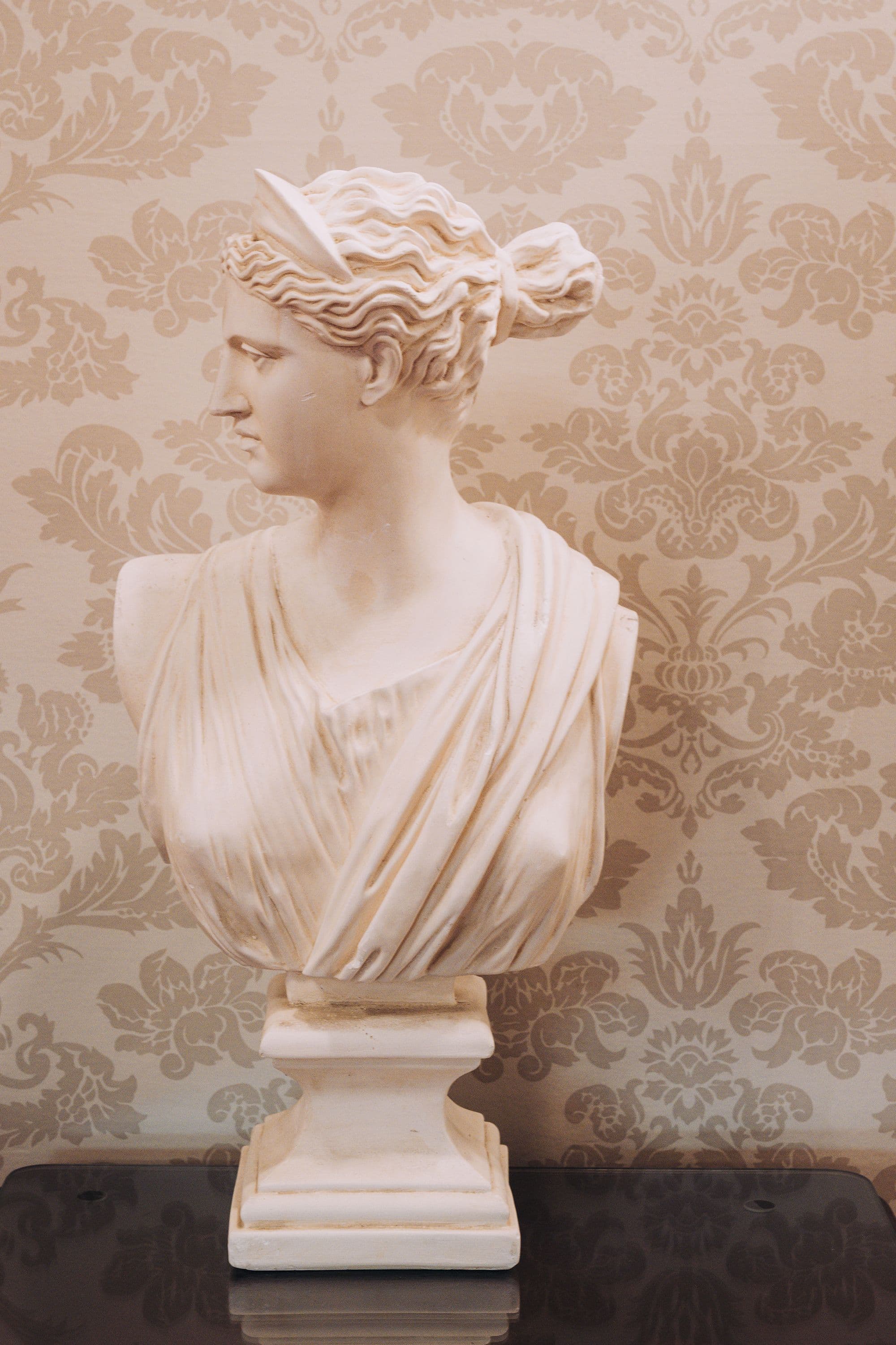 Classical bust against damask wallpaper